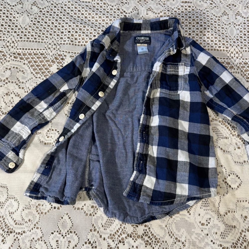 OshKosh Bgosh Boys Flannel Shirt, Blue White Plaid Long Sleeve, 4T Toddler